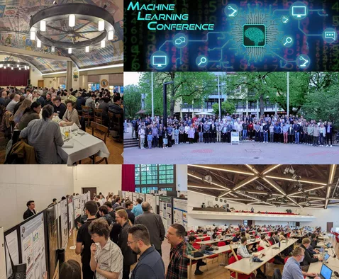 The conference dinner is a classic part of MLZ conferences (top left); the group photo of the conference participants (top right); the poster session on Tuesday (bottom left); the large hall of the Bürgerhaus Garching during a lecture (bottom right). © FRM II / TUM