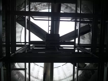 Cooling tower, where the inner components have been removed for inspection.