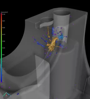 Tomographische 3D-Visualisierung eines Druckgussteils mit Darstellung der Poren. Die Farbkodierung zeigt das Volumen der Poren an. © Waygate Technologies <br />
