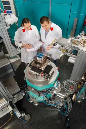 Dr. Martin Muehlbauer (links) und Dr. Anatoliy Senyshyn (rechts) untersuchen am STRESS-SPEC (Diffraktometer für materialwissenschaftliche Fragestellungen) den Lade- und Entladevorgang an Lithium-Ionen-Zellen am FRMII/MLZ (Foto: Andreas Heddergott, TUM)